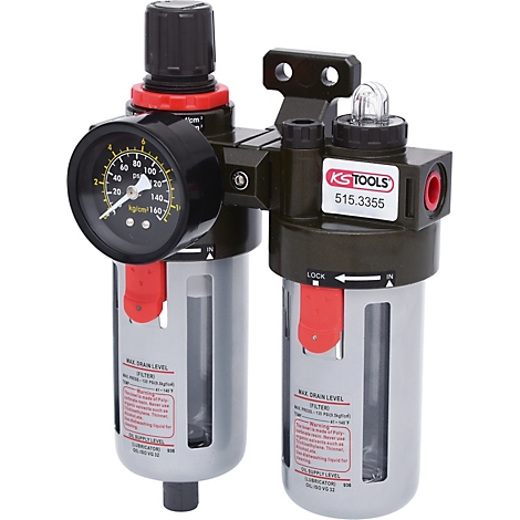 Druckluftfilter mit Manometer und rotem Entwässerungsventil, von KS Tools.